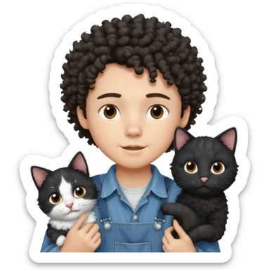 Apple emoji of a curly hair and dark brown eyes 13 year old boy with denim shirt and overalls with a black and white cat sticker