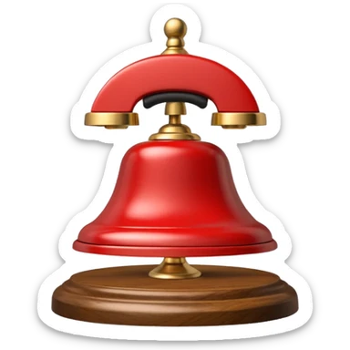 A hotel bell with a polished brass surface on a wooden base sticker