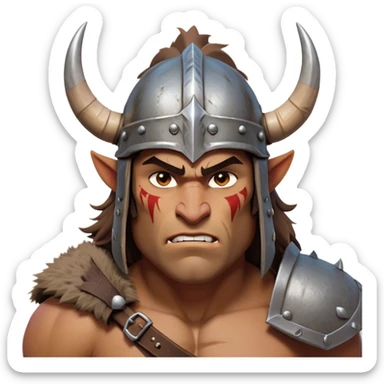 Cinematic Fierce Barbarian Portrait Emoji, Poised and bold with a rugged yet cartoonish build in tattered furs and a horned helmet, expressive bright eyes and a confident smirk, Simplified yet dynamic features, highly detailed, glowing with a vivid, adventurous aura, high shine, heroic and spirited, stylized with an air of medieval warrior charm, focused and energetic, soft glowing outline, capturing the essence of a fearless barbarian adventurer ready to lead his clan with spirited valor! sticker