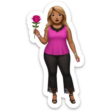 A plus-size Black woman with long, straight, light brown hair is wearing a fuchsia sleeveless shirt and black lace pants. She is standing with fuchsia-painted nails and is holding a rose. sticker