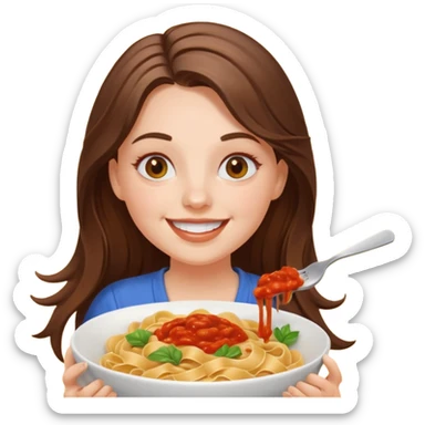 smiling white long brunette hair girl with hazel eyes eating pasta sticker