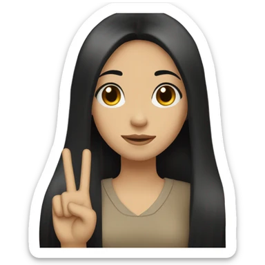 Girl with a straight black long hair, pale skin, honey eyes  doing ✌🏻 sticker