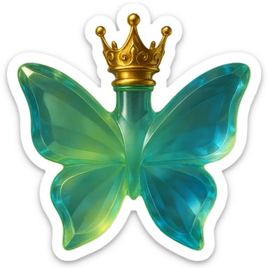Create a crystal butterfly-shaped bottle with a short neck and a princess crown on top. Use light green (#c0ff53), blue, and similar shades that naturally blend like crystal with light refractions, transparency, and natural transitions, not just gradients. Keep golden details, a transparent background, a beautiful merging base, and the bottle floating in the air. The design should be elegant, bright, without a base or shadow. sticker