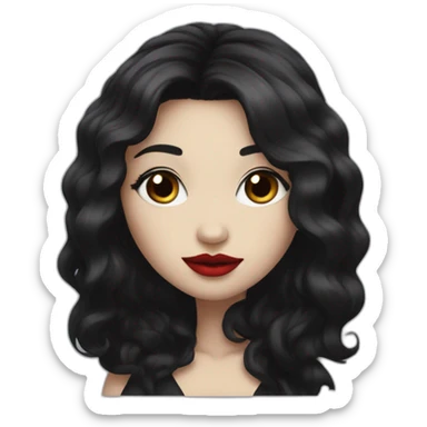 long black hair, red lipstick, black eyes, white skin and a small nose sticker