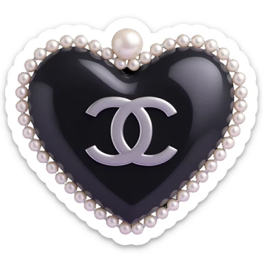 glossy black heart with pearls draped on top, silver Chanel logo in the center, elegant, black and white sticker