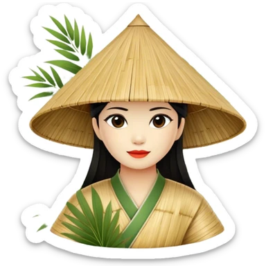 ​Cinematic Realistic Traditional Vietnamese Nón Lá, depicted as a delicately crafted conical hat made of bamboo and palm leaves with subtle texture and natural wear, set against a serene rural backdrop bathed in warm, soft sunlight, evoking authentic cultural heritage, sticker
