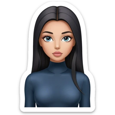Glamours, tanned, very beautiful girl, with big pump peach-beige-rose lips, long long lashes, black straight smooth silky long hair, straight parting hair, blue-grey eyes in black long-sleeves bodysuit sticker