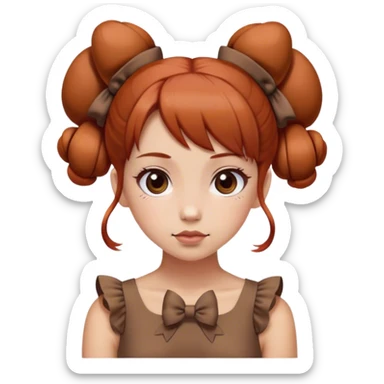 girl with reddish blunt hair and with 2 buns and 2 bows brown dress sticker