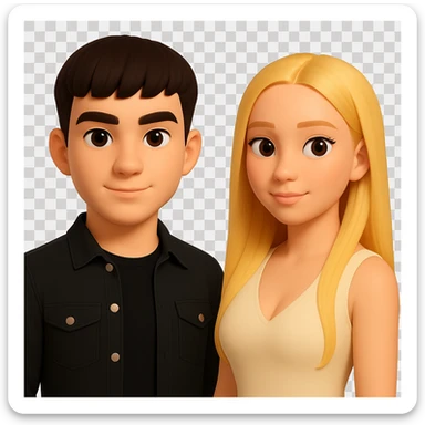 Slightly increase the volume of the upper body of the girl, separate the girl and the boy from each other, make the skin color the same for both characters. Maintain the cartoonish 3D style and keep the background transparent. The original style is a cartoonish 3D style. sticker