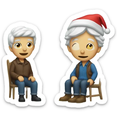 Two men with bears and caps sitting next to a Christmas tree. An old woman with a walker next to them sticker