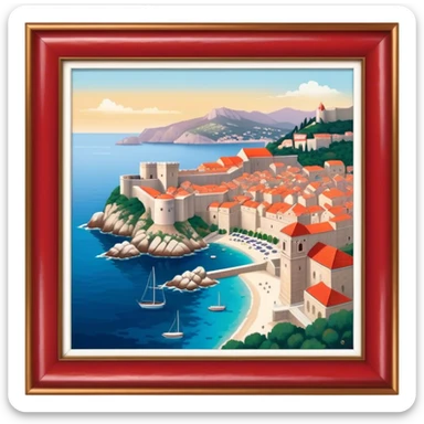 Cinematic Realistic aerial view of the historic city of Dubrovnik, showcasing its iconic red-roofed architecture, fortified walls, and sparkling Adriatic coastline, rendered with rich textures and warm Mediterranean lighting that captures its old-world charm. sticker