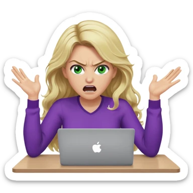 lady with long wavy blonde hair, purple top, green eyes, at desk with hands and face gesturing very angry and shouting, with a purple mac laptop  sticker