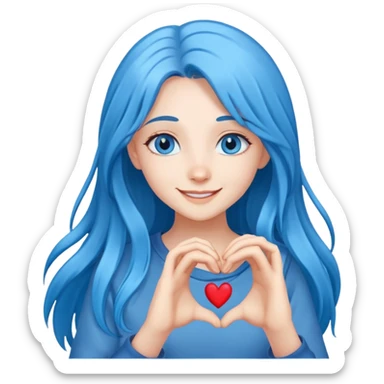 Happy girl long blue hair blue eyes making 🫶🏻 sticker
