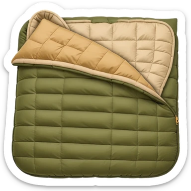 sleeping bag in blue/yellow to olive & tan (#7D7A52 / #E1C699). sticker