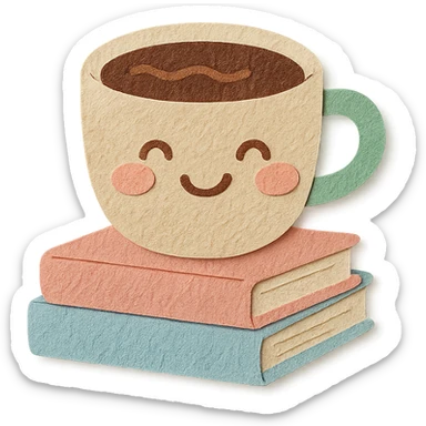coffee cup with stack of books, smiling face, cozy hand-drawn pastel style sticker