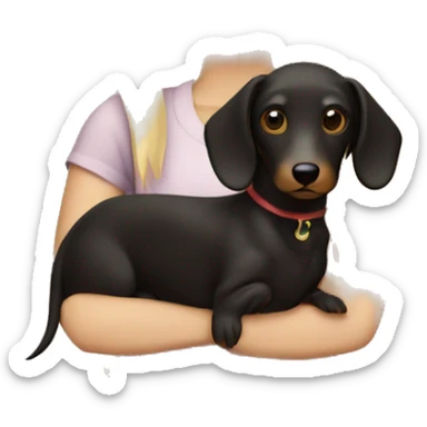 Blonde girl long hair with wire haired dark wiener dog on arm  sticker