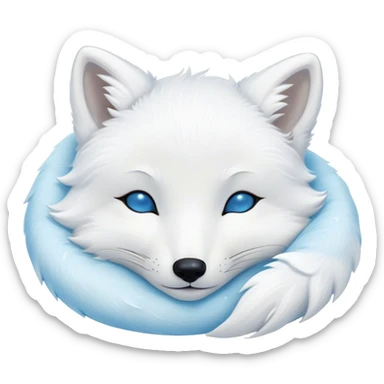 Meme-Worthy Cute Sleeping Arctic Fox Portrait Emoji, Head resting peacefully with a contented smile, showcasing a compact, agile build and a luxuriously soft white Fur with delicate icy blue accents, eyes shut in a serene, restful nap, Simplified yet hilariously adorable features, highly detailed, glowing with a soft, drowsy light, high shine, relaxed and utterly lovable, stylized with an air of playful laziness, bright and heartwarming, soft glowing outline, capturing the essence of a comically sleepy arctic fox, so meme-worthy it feels like it could instantly become the next viral sensation of adorable slumber! sticker