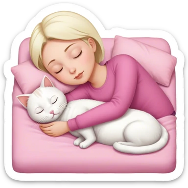 White cat sleeping with white girl short hair in pinky bed  sticker