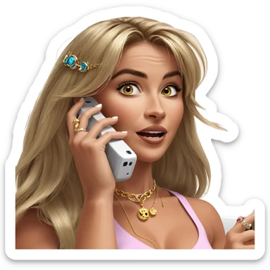 blonde girl with phone and jewelry sticker