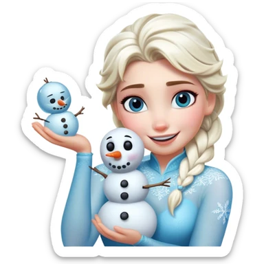 Cinematic Funny Elsa Portrait Emoji, Making a tiny snowman in her hands with a proud grin, looking smug as it dances, an unexpectedly hilarious moment of icy creativity! sticker