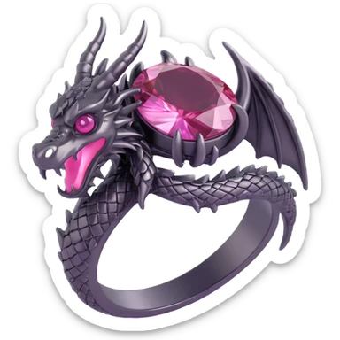 minimal 3D gothic dragon ring with pink gemstone, simple and dark sticker