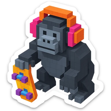 gorilla with headphones holding a skateboard, isometric view, voxel style sticker