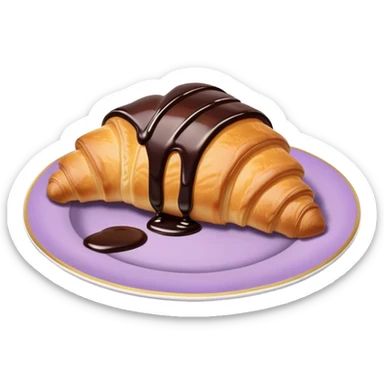 There's a croissant with chocolate syrup in a vintage pale purple plate. sticker