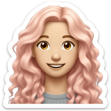 Pretty girl with long wavy peachy pastel pink hair, pale skin, brown doe eyes, light makeup, smiling gently, beautiful sticker