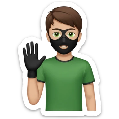 Chico de pelo marrón y ojos verdes. Con un cubre bocas negro, que tiene una camisa verde por encima de una remera blanca, y tiene un guante negro en una sola de las manos. sticker