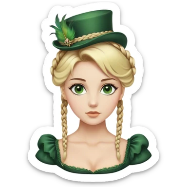 lady with Pale complexion, sharp features, high cheekbones, Blonde hair, usually styled in regancy braided updo, green eyes accessorized with a feathered small hat, royal sticker