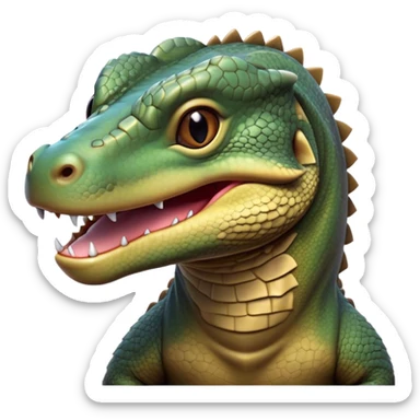 Cinematic Realistic Cute Komodo Dragon Portrait Emoji, Head tilted playfully and inquisitively, featuring a compact, robust build with finely detailed, textured scales in natural earthy hues and a characteristically alert face with bright, curious eyes, rendered with lifelike clarity, high shine, affectionate and surprisingly endearing, styled with a touch of wild charm, soft glowing outline, capturing the essence of a mischievous yet lovable Komodo dragon that seems poised to inch its way out of the screen into your arms! sticker