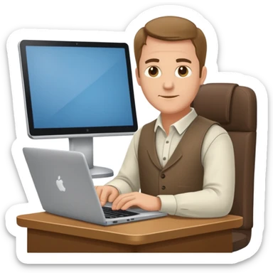 Mach mir einen Trader der in einem Schreibtischstuhl sitzt mit einem Laptop. vor sich am tisch sticker