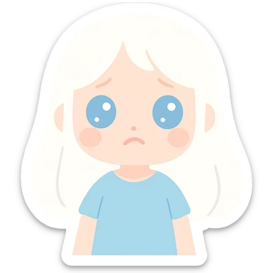 A girl with long white hair, blue eyes, sad and tired, wearing a blue dress. sticker
