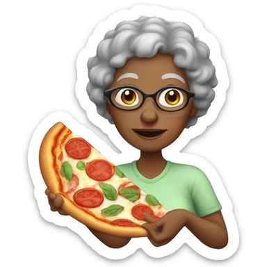 Elderly black woman with gray curly hair eating pizza sticker