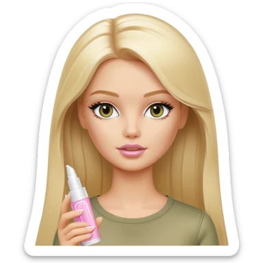 A white Barbie girl with long blonde straight hair in pale olive clothes smears by hand cosmetic cream on her face sticker