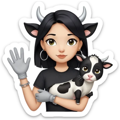 A girl with long straight black hair has upward-slanting eyeliner. She is wearing large silver hoop earrings, a black short-sleeved shirt, and a bracelet on her left hand. She is holding a cow cat with a black face and white "gloves". sticker