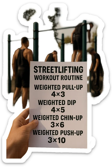 a close-up of a hand holding a printed streetlifting workout routine, with the exercises and sets written in bold text. In the background, an outdoor gym with pull-up bars, dip stations, and athletes wearing weighted belts. The lighting is natural, and the mood is motivational. sticker