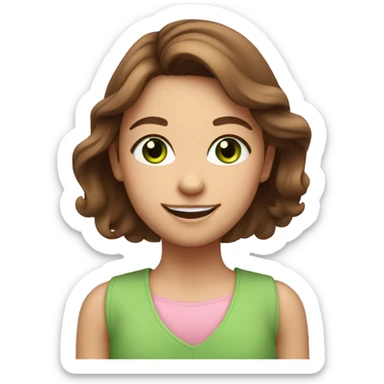 smiling girl with brown hair and green eyes in pink sticker