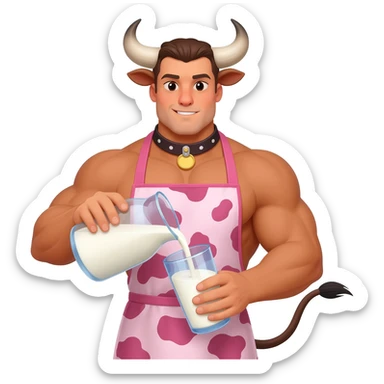 extra large muscular handsome man in the collar with bull horns and and bull ears bull tail dressed in cute apron with pink cow print pouring milk from a glass sticker