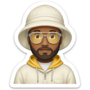 black male bee keeper with beard, white hat and yellow glasses, white outfit, white hood sticker
