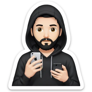hackeur blanc cheveux noir barbe et capuche noir avec un iphone sticker
