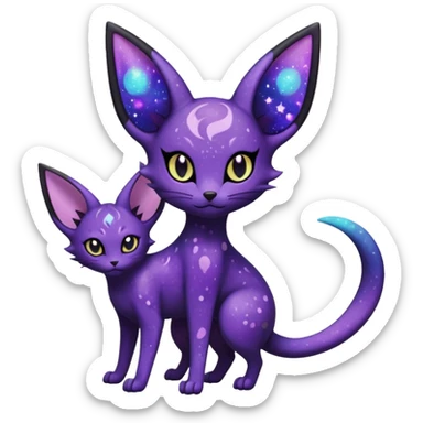 Obsidian Black Iridescent Deep-Violet Cosmic-Speckled Nebula-Marked Espeon-Noibat-Purrloin-hybrid-creature (full body) sticker