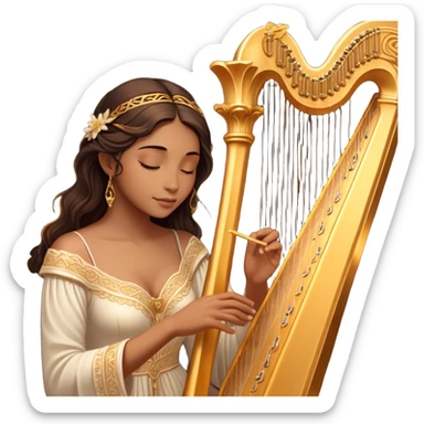 Cinematic Realistic Harp, a grand golden harp with intricately carved details, delicate strings shimmering under soft candlelight, rich wood tones adding warmth, a musician’s gentle fingers plucking a note, glowing with an ethereal and majestic aura. sticker