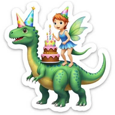 Fairy riding a dinosaur with a birthday cake  sticker