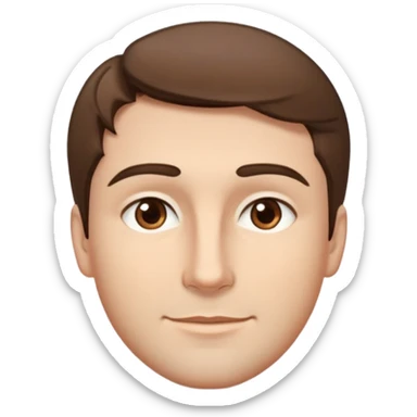 He has short, slightly wavy brown hair and an oval-shaped face. His eyes are light brown, and his eyebrows are moderately thick. His skin is fair with a few subtle blemishes. He has a straight nose and full lips, often curved into a slight smile.  sticker