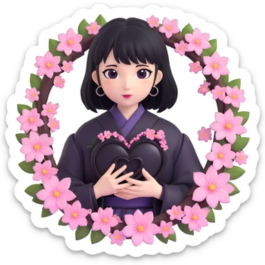 goth sakura heart, black heart with a ring of sakura blossoms, soft and romantic, no background sticker