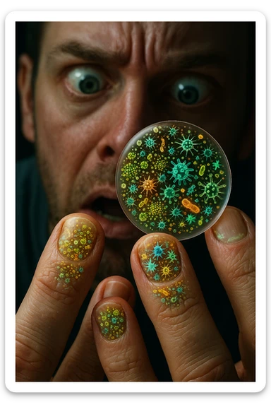 "Close-up macro shot of man's fingernails with transparent overlay showing dense colonies of bacteria, viruses, and parasites thriving in nail beds, millions of pathogens visible as glowing microscopic organisms, expression of shock as he examines his hands under magnification, nail debris containing more germs than toilet water, fingertips becoming mobile germ factories" sticker