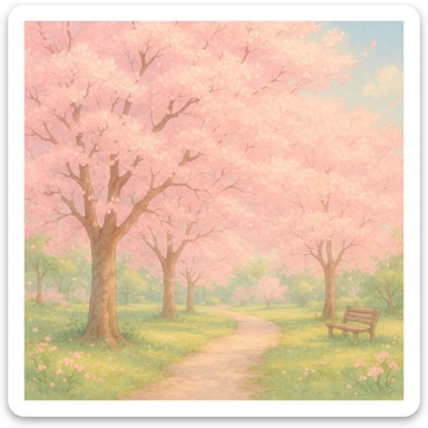 spring park landscape with cherry blossoms in full bloom, romantic feeling, delicate depiction sticker
