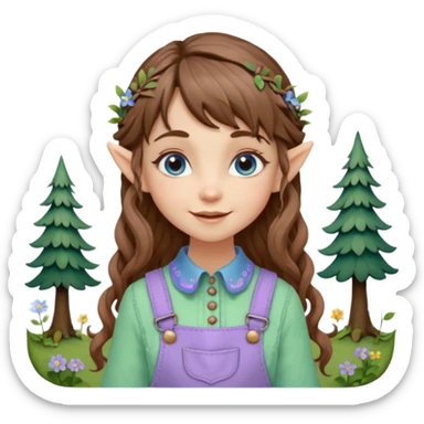 Kind happy whimsical quirky Girl toymaker, wood carving elf. Woodland nature creator. Blue eyes. brown hair (just below chin length) wavy hair & bangs. Whimsical playful cute. Overalls with nature embroidered cute shirt collar. Light green, light purple and light blue colour aesthetic  sticker