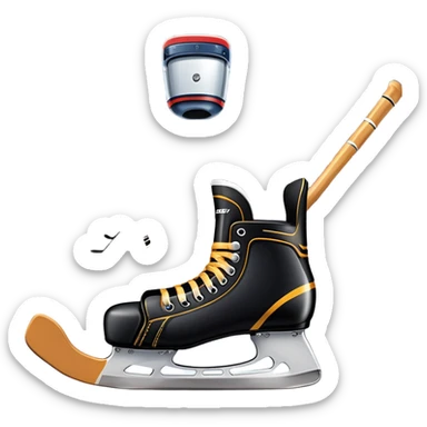 Please, make An icon featuring close-up shots of key hockey equipment: a hockey stick, puck, and skates. The background shows a packed stadium with cheering fans, bright arena lights, and an icy rink. Transparent background highlights the essentials of the game and the thrill of the sport. sticker
